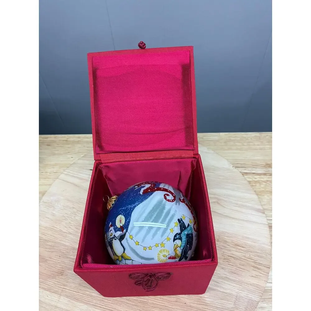 Hand Painted Glass Penguin Ornament in Satin Gift Box | Merry & Bright 2010